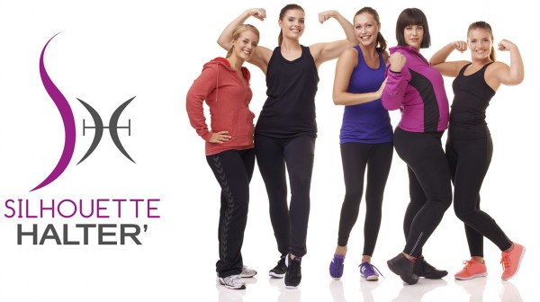 Visuel promotionnel pour les Silhouette Halter avec le logo à gauche et 5 femmes sur la droite