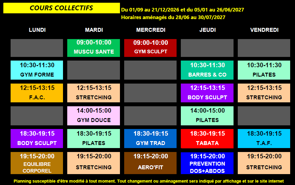COURS COLLECTIFS HORAIRES